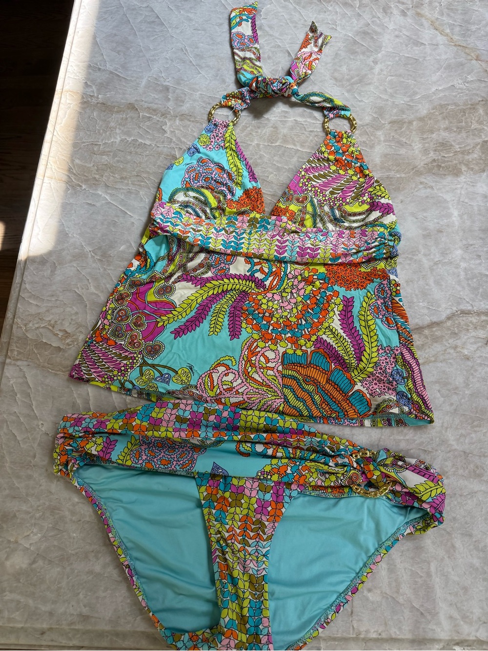 Turquoise Multi-Color Paisley Tankini Swim Set size 8 excellent condition